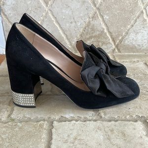 Miu Miu suede, round toe chunky heel. Satin bow and crystal detail.